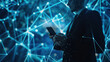 © NooPaew - Corporate executive on a smartphone, utilizing digital link technology, with a high-tech network background