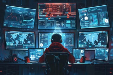 Leinwandbilder - A hacker analyzes data and monitors multiple screens filled with code and statistics in a dark room, focused on cybersecurity tasks at night. Generative AI