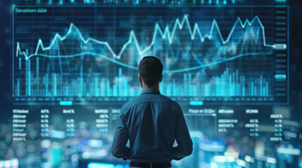 Wall Mural - Businessman evaluating profitability with digital AR charts showing upward trends for 2024 investments