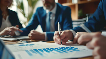 Wall Mural - Business meeting with real estate brokers and startup founders reviewing a marketing presentation, close-up shot