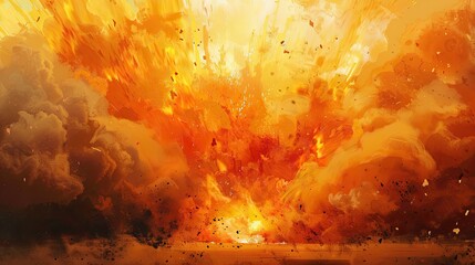 Canvas Print - A painting of a fiery explosion with orange clouds in the background.