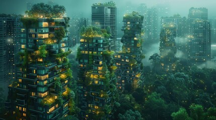 Wall Mural - futuristic ecocity illuminated by energyefficient light bulbs lush greenery intertwined with sleek buildings vibrant emerald hues soft ambient glow 2060 cityscape