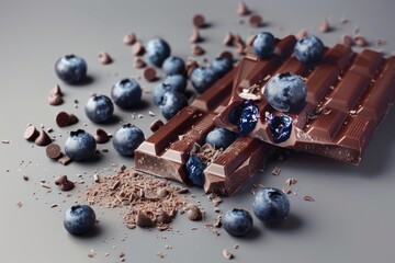 Wall Mural - Broken dark chocolate bar lying on a gray surface and surrounded by chocolate chips and fresh blueberries