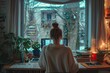 © At My Hat - A woman is sitting at a desk with a laptop and a book. She is wearing a white sweater and has her hair in a bun. The room is decorated with plants and has a cozy atmosphere
