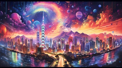 Wall Mural - Futuristic city at night. Panoramic view of the city.