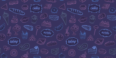 Sticker - Pattern design with desserts and baked goods graphic symbols, doodle style hand drawn seamless background