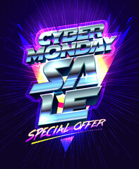 Wall Mural - Cyber Monday sale special offers vector banner with fancy 3D style metallic lettering and neon plasma ray of light on a backdrop, Cyber Monday futuristic poster design