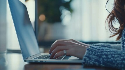 Young woman typing on a laptop in a cozy, softly lit environment.