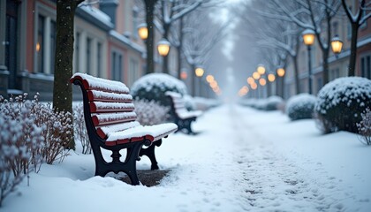 Sticker - Snowy Bench in a City Street.