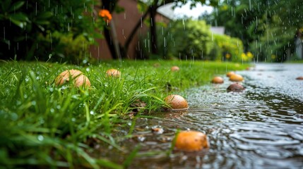 Wall Mural - A few apples are on the ground in a yard that is raining. The apples are scattered across the yard, some are in the grass and some are in the water. The rain is coming down in a steady stream