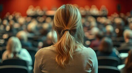 Wall Mural - Back view of a woman wants to ask a question on a seminar