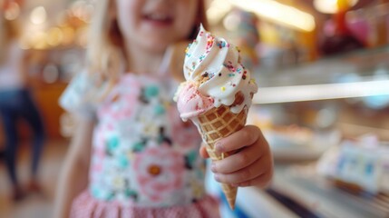 A little child holding an ice cream and eating at an ice cream store