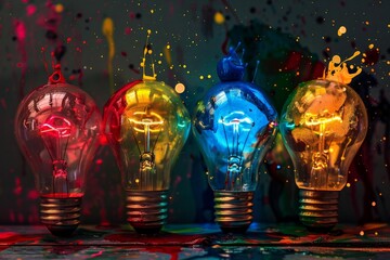 Poster - Four colorful light bulbs are exploding with color, symbolizing creativity and inspiration