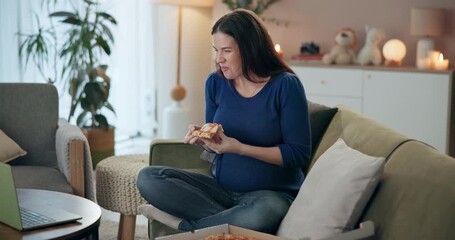 Poster - Laptop, pizza and pregnant with woman on sofa in living room of home for eating or streaming. Computer, food and relax with smile of happy mom in apartment for hunger or subscription entertainment