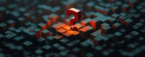 Poster - Red question mark among dark abstract cubes, glowing center symbolizing curiosity