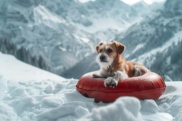 dog on tubing in winter snowy day, active animal sport lifestyle