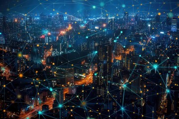 Sticker - glowing network of interconnected nodes superimposed over a nocturnal cityscape vibrant data streams symbolize global connectivity smart technology and the pulse of modern urban life