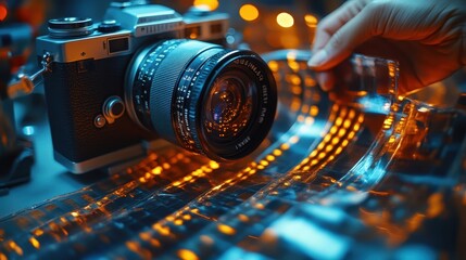 Wall Mural - A person is holding a camera lens and the camera is on a table