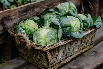 Wall Mural - Wicker basket overflowing with freshly harvested green cabbages sits on a wood surface outdoors