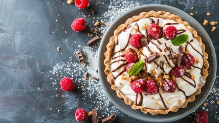 Wall Mural - Delicious pie with fresh raspberries, cream, chocolate drizzle, and mint garnish on gray plate