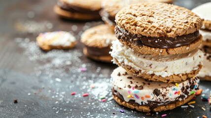 Wall Mural - Ice cream sandwiches stacked with various cookies and sprinkles