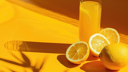 Wall Mural - Fresh lemon slices and juice on bright yellow background