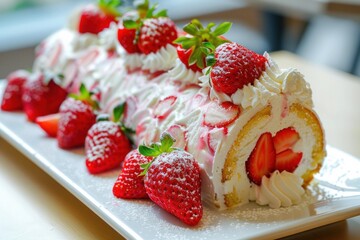 Sticker - Delicious strawberry roll cake is lying on the white plate and decorated with fresh strawberries and whipped cream