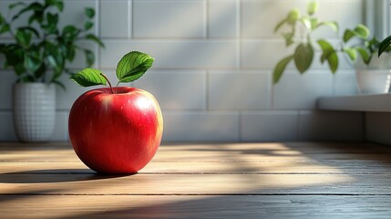 Wall Mural - red apple fruit closeup on a minimalist kitchen counter backdrop. Ideal for healthy eating and weight loss and fitness management projects. Food background for product mockup and text. 