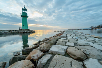 Wall Mural - Green lighthouse on the stone breakwater at sunset, mirroring water and rocks in the foreground