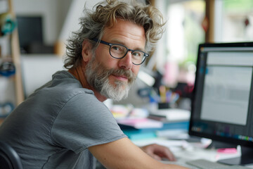 Wall Mural - male webmaster around 40 years old of a sportsclub working at a computer