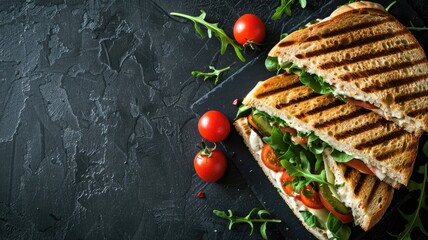 Poster - Grilled panini with arugula, tomatoes, and cheese on slate board