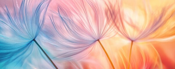 Poster - Close-up of colorful dandelion seeds in soft pastel hues. Nature and spring season concept