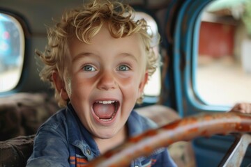 Young boy with blonde curly hair making a funny face while sitting at the wheel of an old car