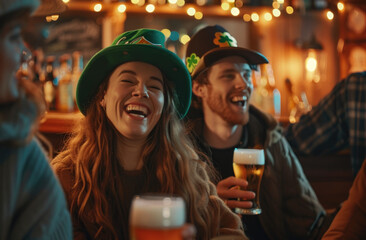 Wall Mural - St Patrick's Day, Happy old man with friends in a bar drinking beer and celebrating the St Patrick's day party