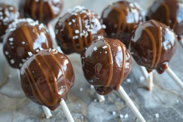 Sticker - Chocolate cake pops covered with chocolate and caramel sauce are waiting for a birthday party