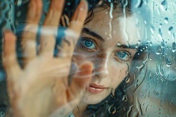 view through the glass young woman say hello or goodbuy up hand, sad alone girl in rainy autumn day, drops rain on the window