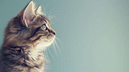 Wall Mural - Close-up of fluffy tabby kitten gazing attentively to side