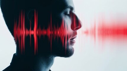 Voice actor in a recording booth, double exposure with abstract soundwaves, visually representing the power of voice