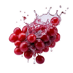 Falling red grapes with water splash, isolated on white background