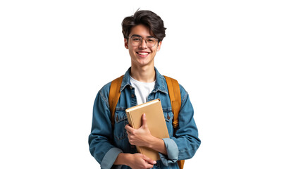 Poster - Portrait of a smiling male college student with books and backpack, wearing glasses, isolated on transparent background
