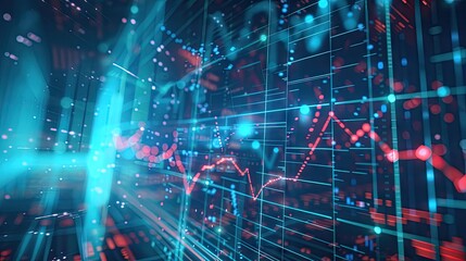Poster - 3D rendering of financial symbols and charts with data points and digital lines on a blue background with this inviting photo.
