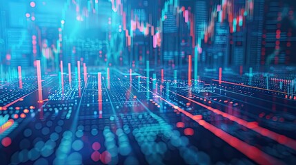 Poster - 3D rendering of financial symbols and charts with data points and digital effects on a blue background with this inviting photo.
