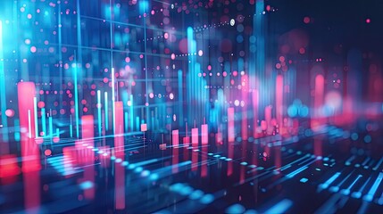 Poster - 3D rendering of financial symbols and charts with data points and digital effects on a blue background with this inviting photo.
