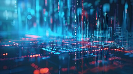 Poster - 3D rendering of financial symbols and charts with data points and digital effects on a blue background with this inviting photo.