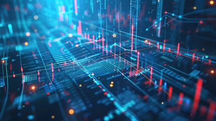 Poster - 3D rendering of financial symbols and charts with data points and digital effects on a blue background with this inviting photo. -