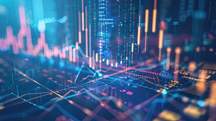 Poster - 3D rendering of financial symbols and charts with data points and digital effects on a blue background with this inviting photo. -