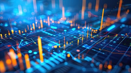 Poster - 3D rendering of financial symbols and charts with data points and glowing lines on a blue background with this inviting photo.