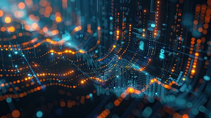 Poster - 3D rendering of financial symbols and charts with data points and glowing lines on a blue background with this inviting photo.