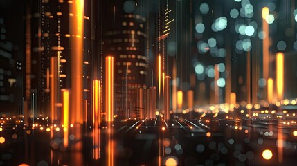 Poster - Abstract 3D financial data visualization with bar charts and glowing effects on a dark background with this inviting photo.