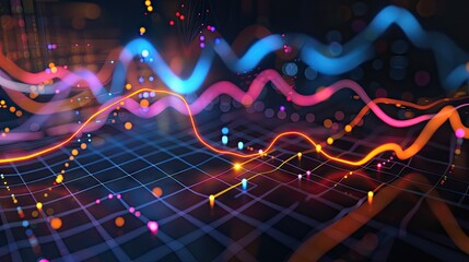 Poster - Abstract 3D financial graph rising with glowing lines on a dark background with this inviting photo.
